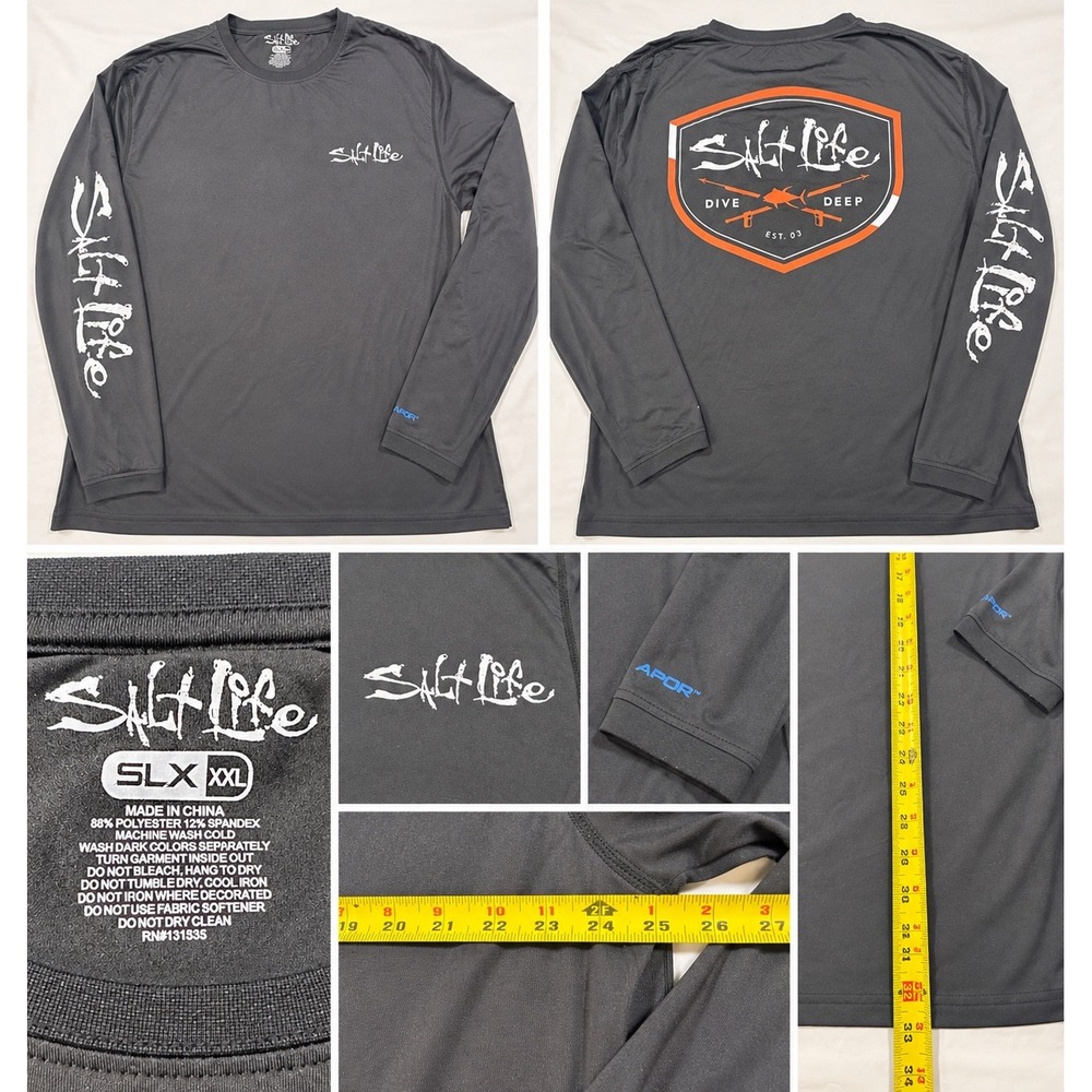 Salt Life SLX Mens XXL Gray Long Sleeve Performance Fishing Shirt Dive Deep Logo
